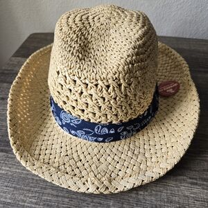 Stylish Straw Fedora Hat with Blue Paisley Bandana Band